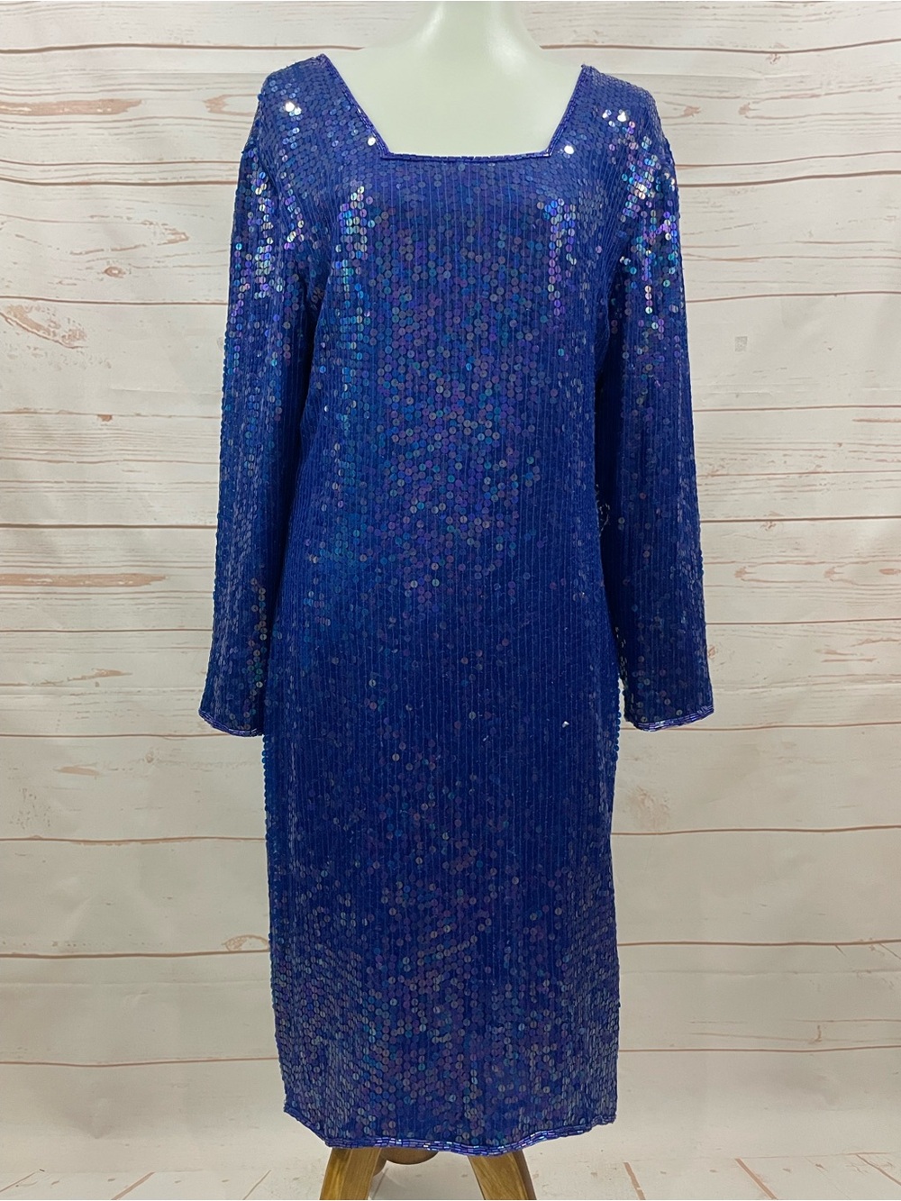 Vintage Royal Blue Sequin Midi Dress Long Sleeve Square Neck Sparkly Medium